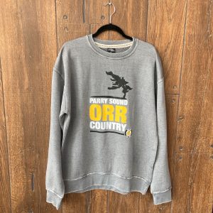 Grey crew neck sweatshirt with windswept pine and phrase Parry Sound Orr Country.