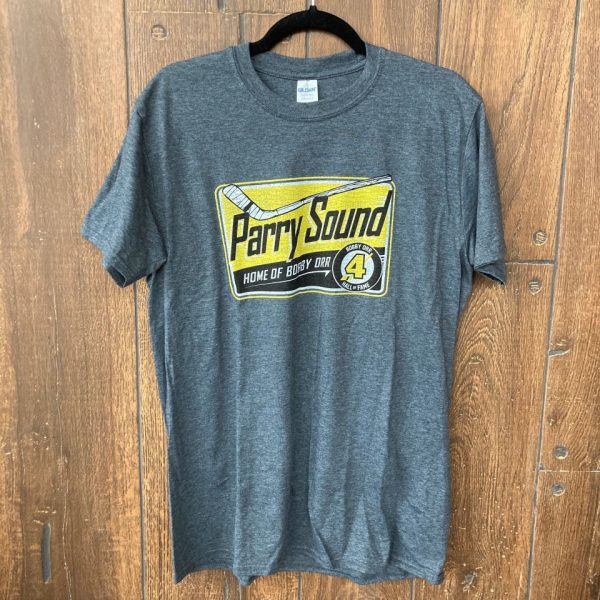 grey t-shirt featuring old highway sign