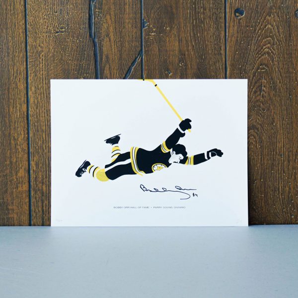 Illustration of Bobby Orr flying through the air after scoring the 1970 Stanley Cup- winning goal for the Boston Bruins.