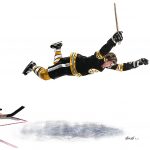 watercolour drawing of Bobby Orr scoring the 1970 Stanley Cup-winning goal for the Boston Bruins