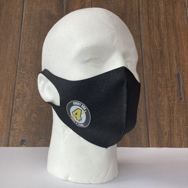 Styrofoam head wearing black fabric mask with Bobby Orr Hall of Fame logo.