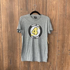 grey tshirt with Bobby Orr Hall of Fame logo in colour