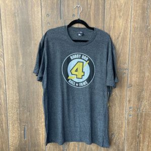 charcoal grey tshirt with Bobby Orr Hall of Fame logo in colour