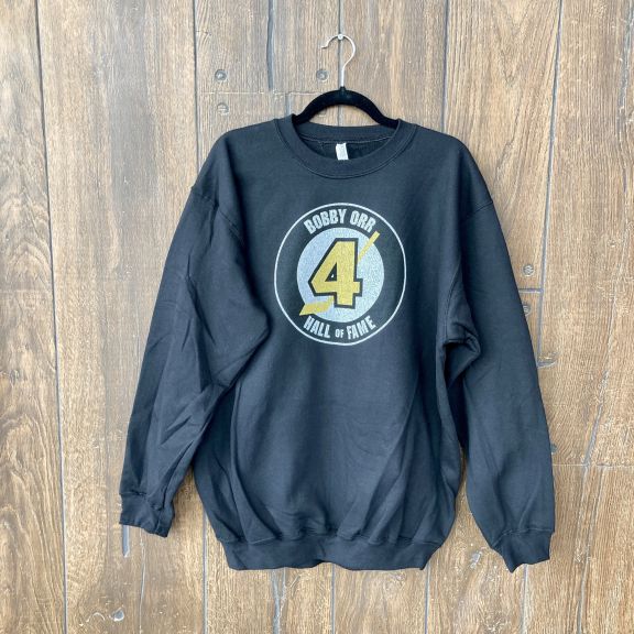 Black crew neck sweatshirt with screen-printed Bobby Orr Hall of Fame logo on front.