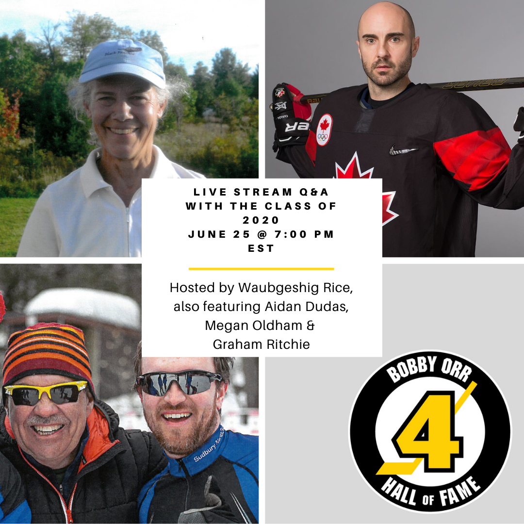 Class of 2020 inductees Chris Lee, Sarah 'Sally' Manning and Peter Wiltmann with the Bobby Orr Hall of Fame logo and textual details about the Q&A event.