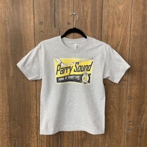 Grey youth tshirt with a Parry Sound highway sign design saying Home of Bobby Orr.