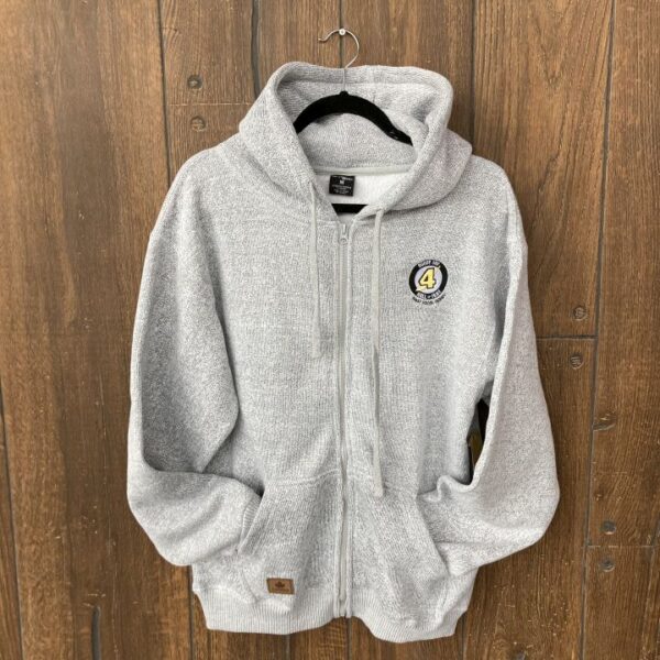 Grey full zip hoodie with embroidered Bobby Orr Hall of Fame logo on left chest.