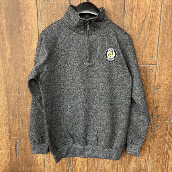 Charcoal grey quarter zip sweater with embroidered Bobby Orr Hall of Fame logo on left chest.