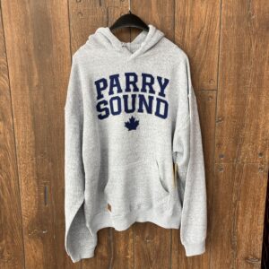 Grey hoodie with applique blue letters spelling out Parry Sound with a maple leaf.