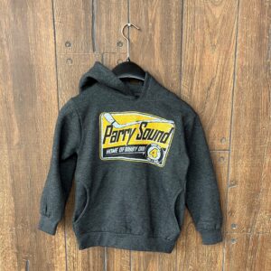 Charcoal youth hoodie with Parry Soud highway sign design.
