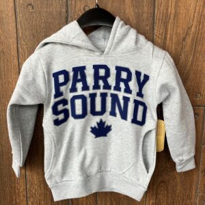 Grey hoodie with applique Parry Sound letters with maple leaf in blue.