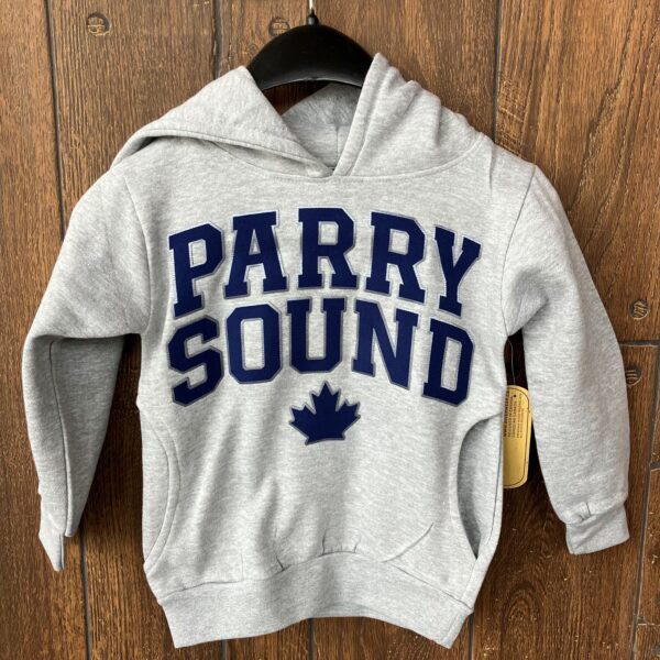 Grey hoodie with applique Parry Sound letters with maple leaf in blue.